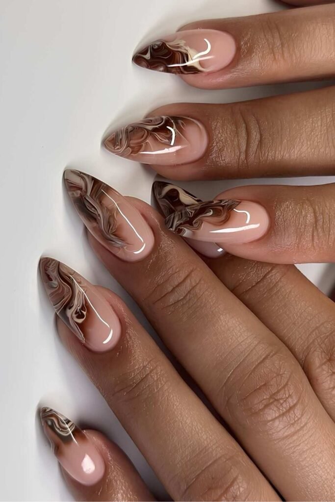 Coffee brown marble nails