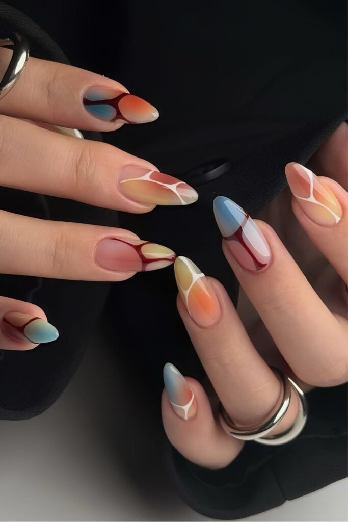 Colorful mani with ombre effect and line art