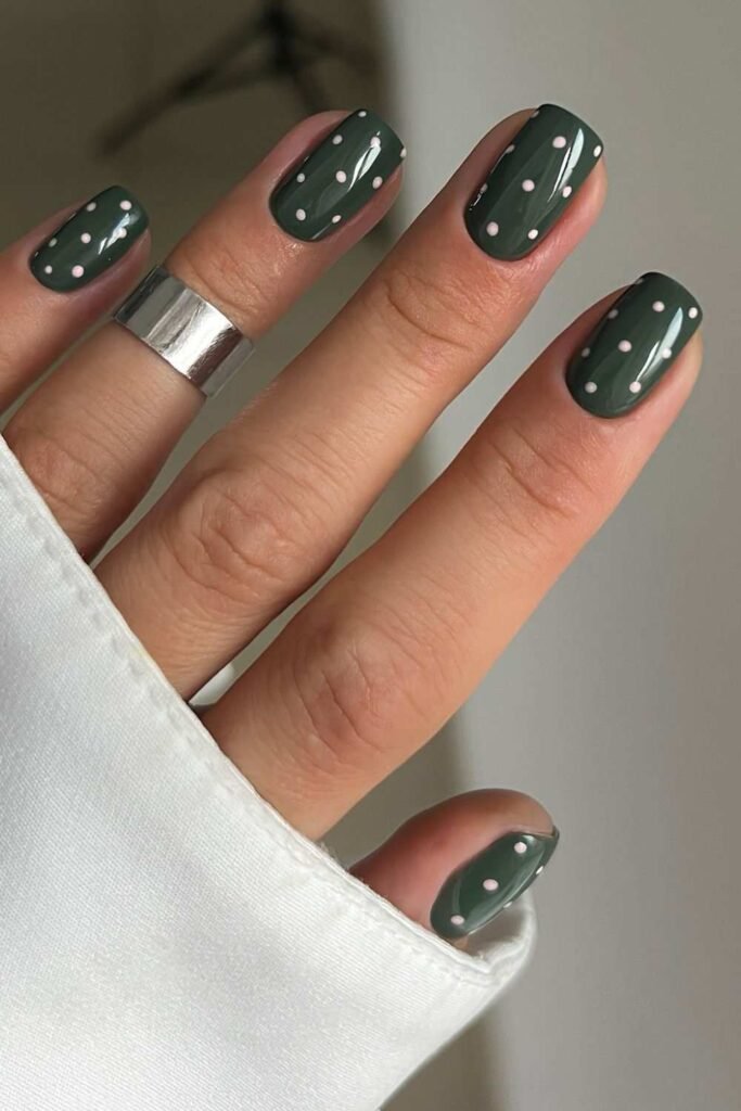 Deep green short nails with soft pink polka dots