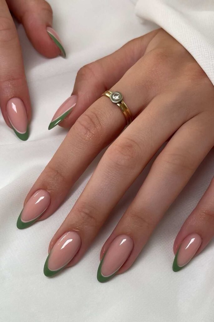 Green French nails with white outline