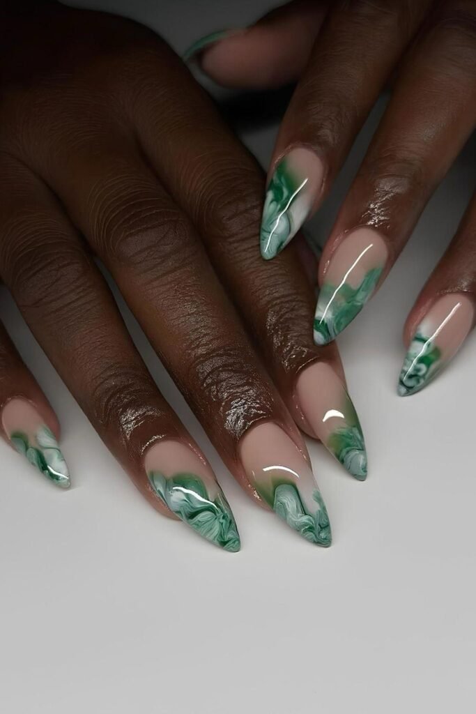 Green and white marble French nails