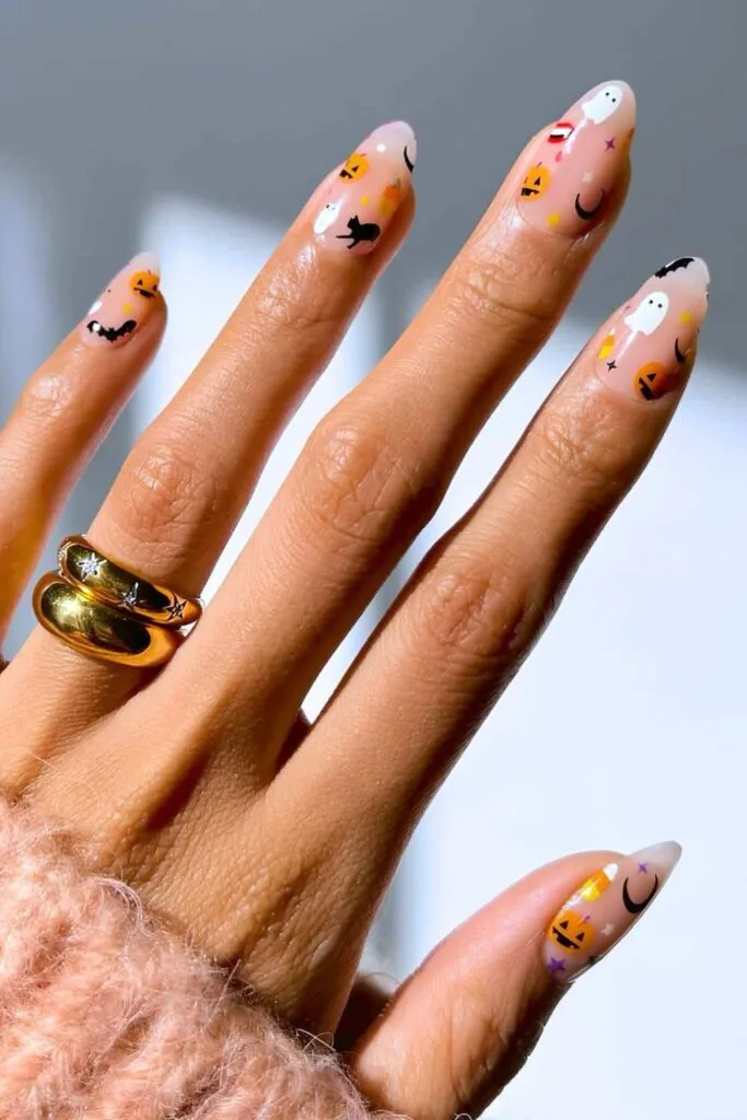 Halloween micro nail art on sheer nails