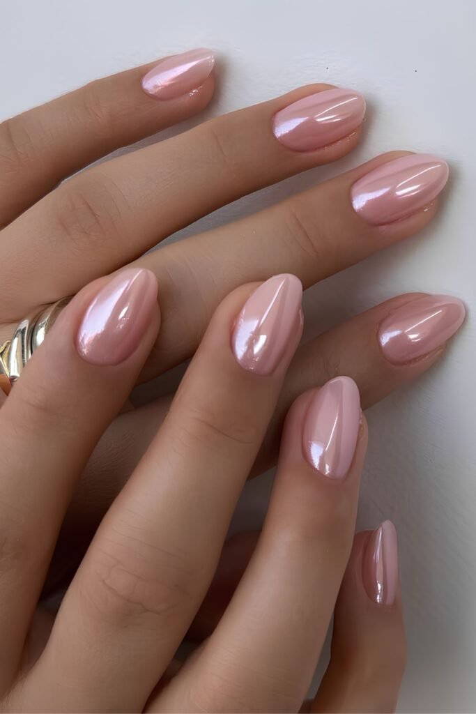 Light pink nails with chrome finish