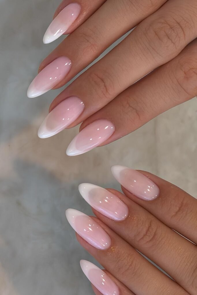 Long almond French ombré nails with sheer pink bases