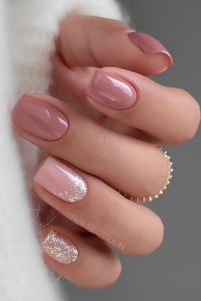 Mauve pink short nails with glitter accents