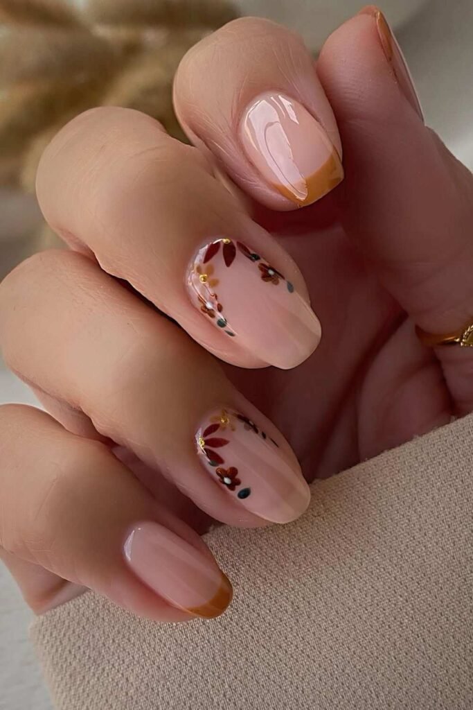 Mustard yellow French nails with autumn florals