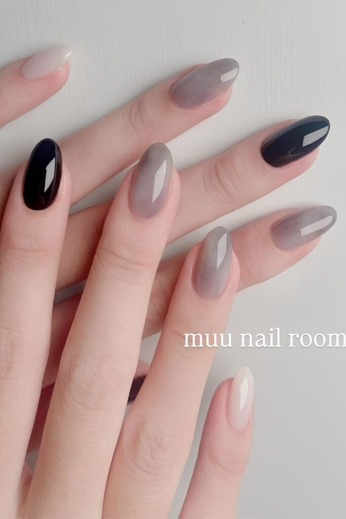 Navy blue and smoky gray jelly nails
