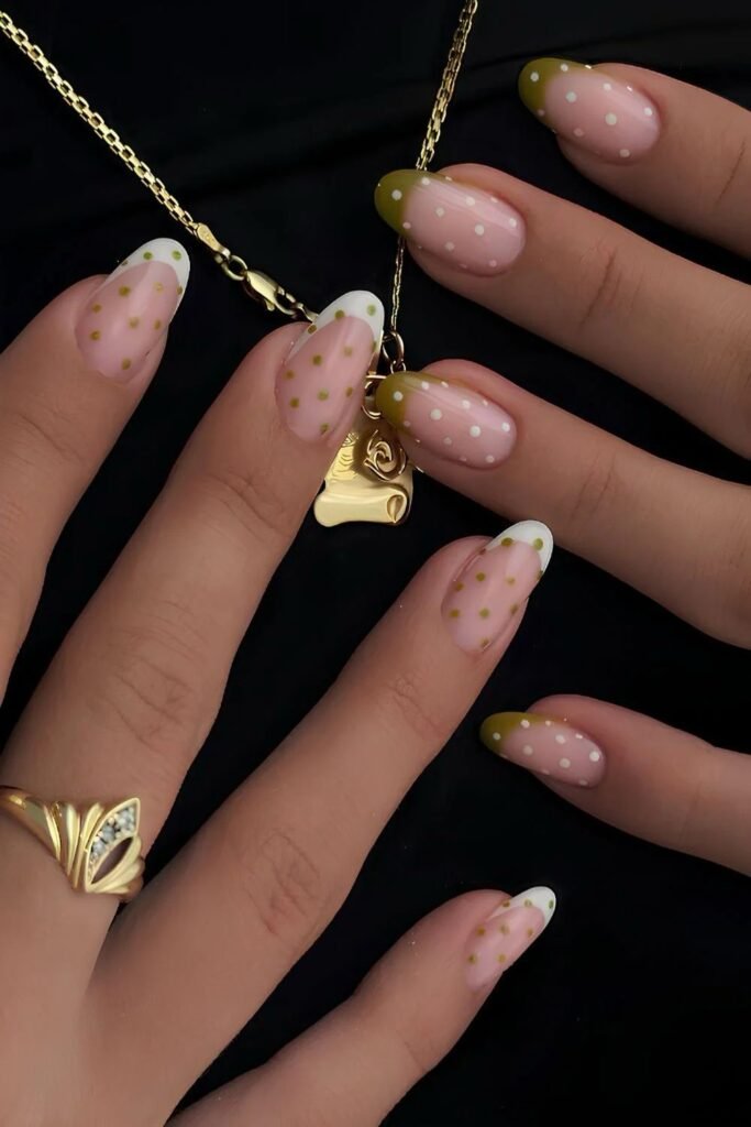 Olive green and white French nails with polka dots