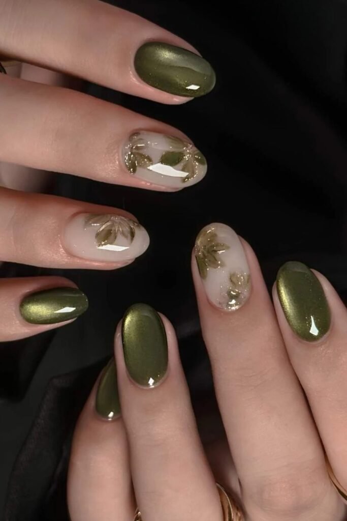Olive green mani with florals