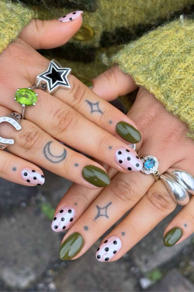 Olive green polka dot nails
