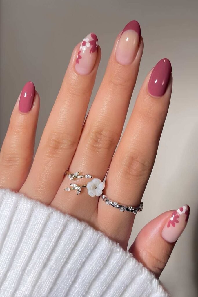 Pink mauve mani with florals