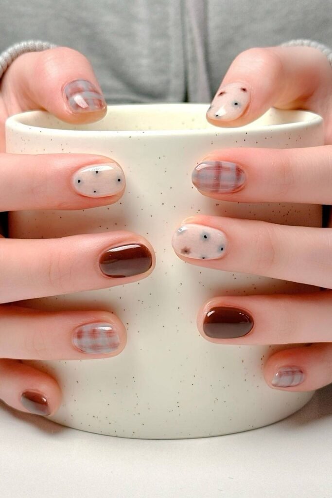 Plaid fall nails in brown and taupe