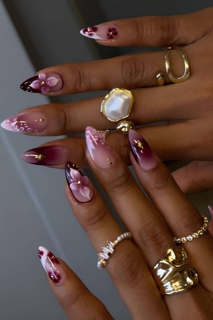 Purple mismatched almond nails