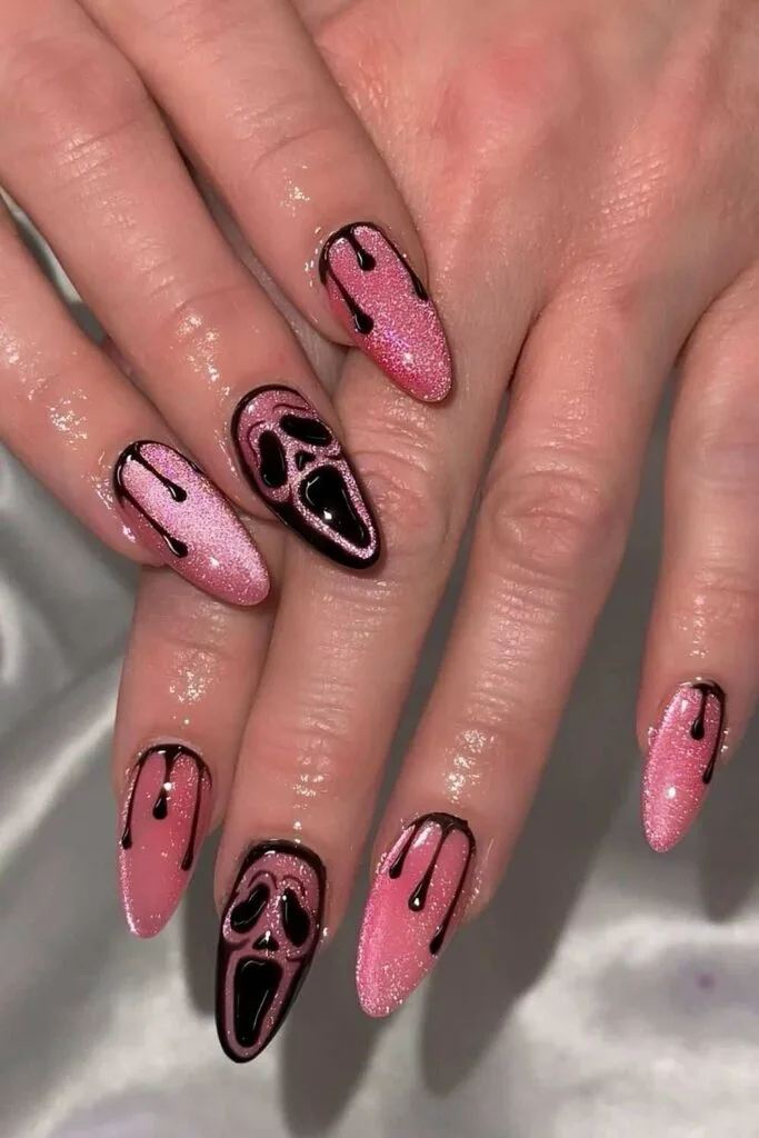 Scream inspired pink glitter nails