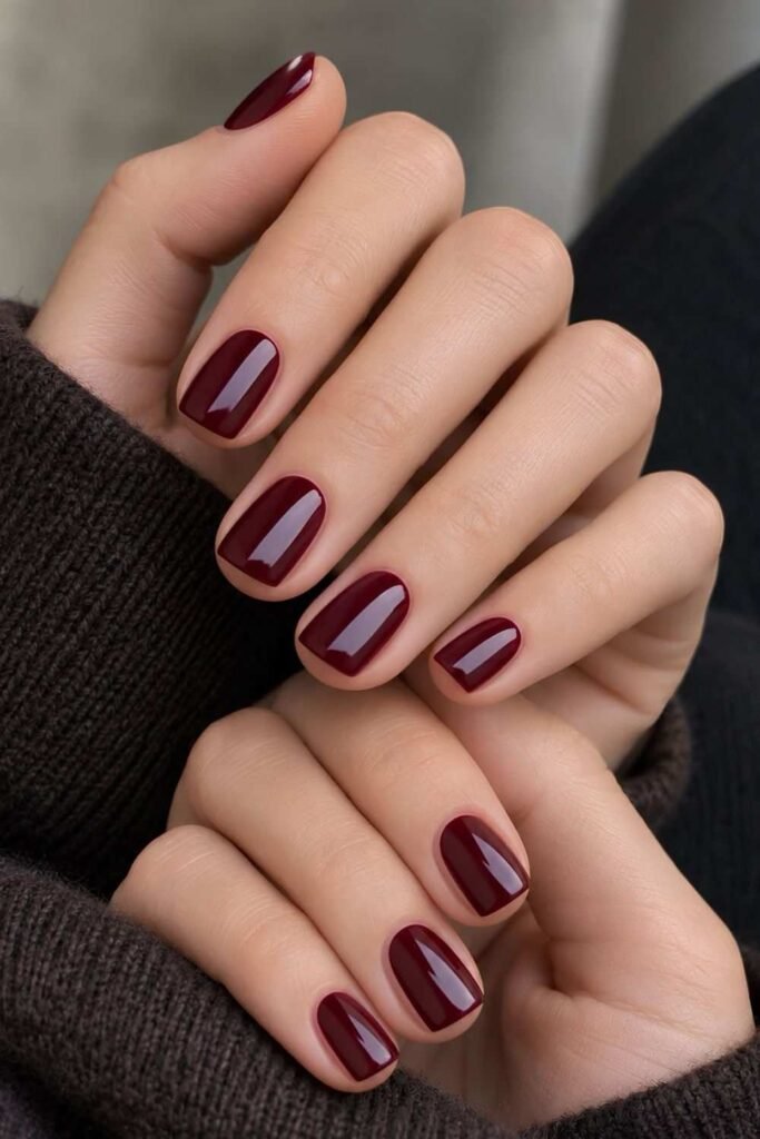 Short burgundy Italian manicure 