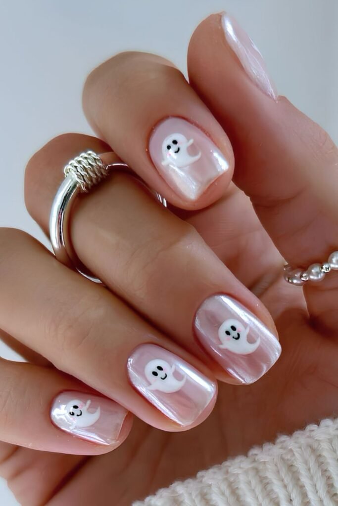 Short chrome mani with ghost accents