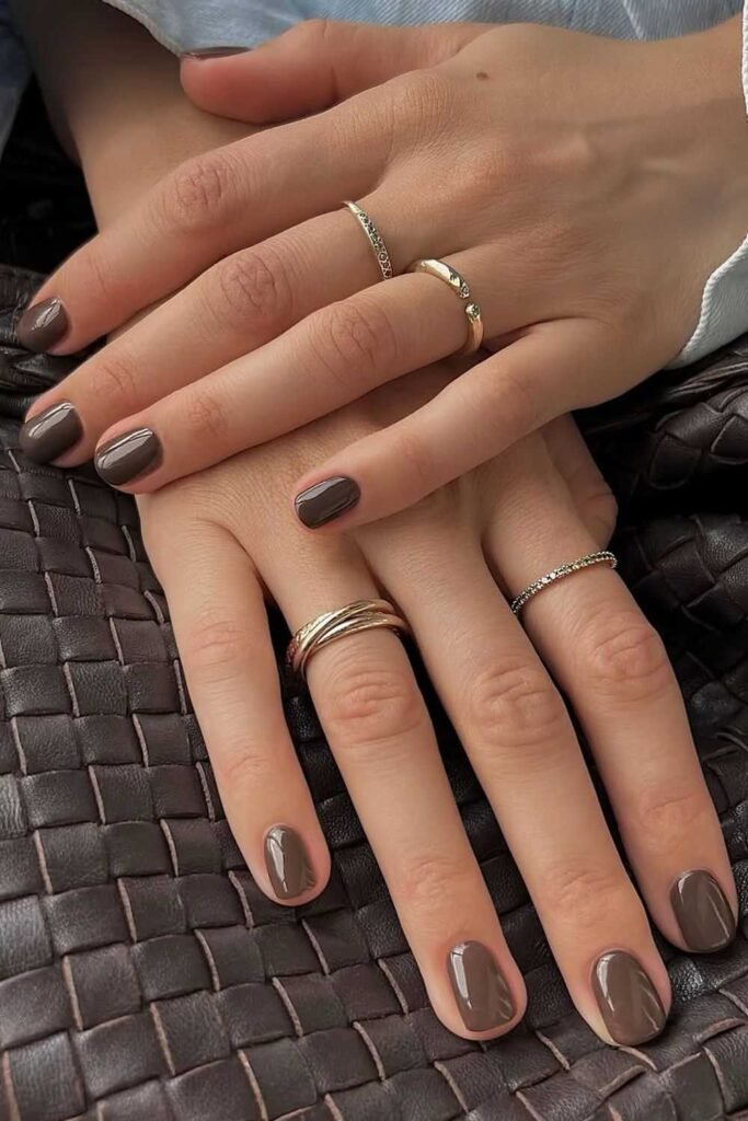 Short glossy taupe nails