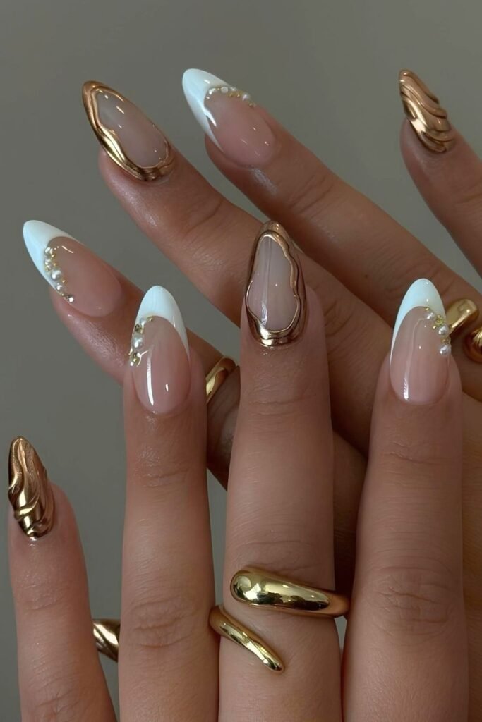 White and gold chrome French nails